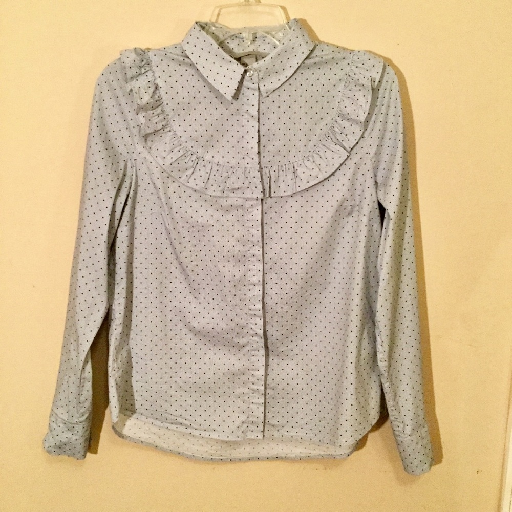 H&M | Blue Polka Dot Ruffled Button Down LS Shirt